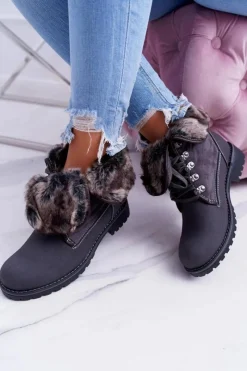 Botki Sznurowane|Botki Płaskie>Boto Damskie Szare Botki Trapery z Futerkiem Chester