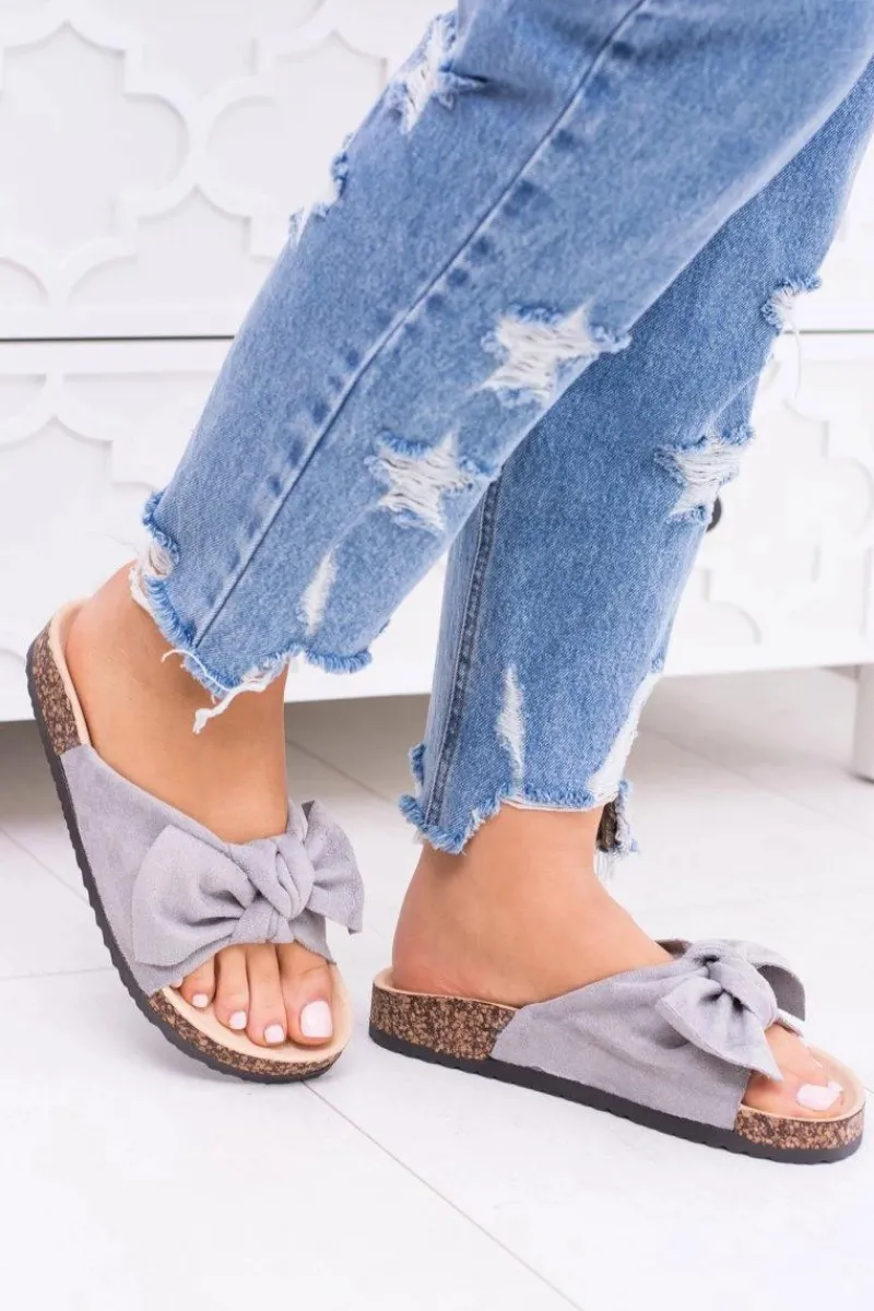 New Boto Damskie Szare Klapki Na Korku Kokarda Dominica