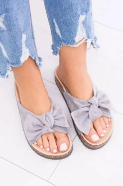 New Boto Damskie Szare Klapki Na Korku Kokarda Dominica