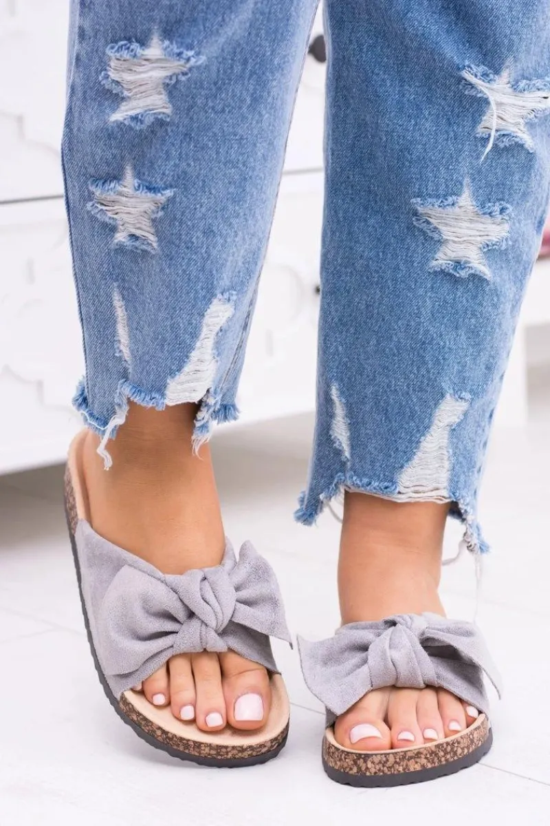 New Boto Damskie Szare Klapki Na Korku Kokarda Dominica