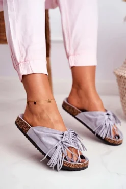 New Damskie Szare Klapki Na Korku Frędzle Marina Damskie Klapki Korkowe|Klapki Damskie Klasyczne