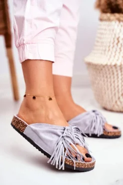 New Damskie Szare Klapki Na Korku Frędzle Marina Damskie Klapki Korkowe|Klapki Damskie Klasyczne