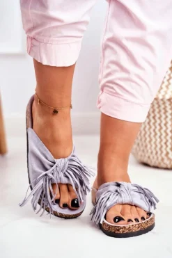 New Damskie Szare Klapki Na Korku Frędzle Marina Damskie Klapki Korkowe|Klapki Damskie Klasyczne