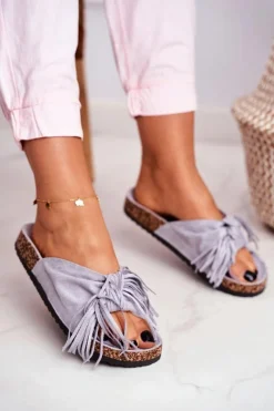 New Damskie Szare Klapki Na Korku Frędzle Marina Damskie Klapki Korkowe|Klapki Damskie Klasyczne