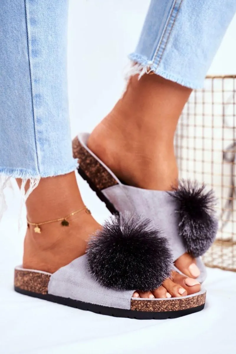 Clearance Boto Damskie Szare Klapki Na Korku z Pomponem Galaxo