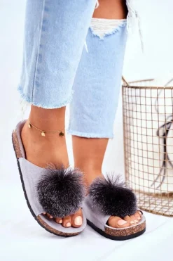 Clearance Boto Damskie Szare Klapki Na Korku z Pomponem Galaxo