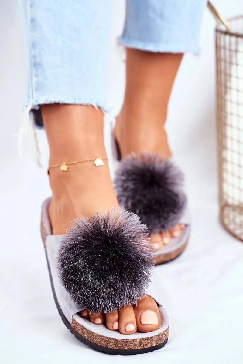 Clearance Boto Damskie Szare Klapki Na Korku z Pomponem Galaxo