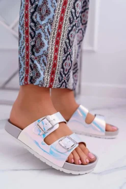 Clearance Boto Damskie Szare Profilowane Klapki Opalizujące Astramos