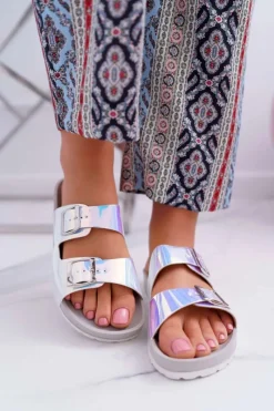 Clearance Boto Damskie Szare Profilowane Klapki Opalizujące Astramos