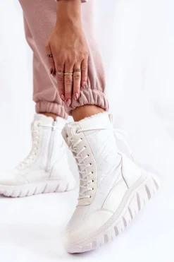 Hot Damskie Sznurowane Botki Śniegowce Na Platformie Biało-Beżowe Anubi Damskie Śniegowce Damskie|Botki Płaskie