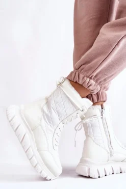 Hot Damskie Sznurowane Botki Śniegowce Na Platformie Biało-Beżowe Anubi Damskie Śniegowce Damskie|Botki Płaskie