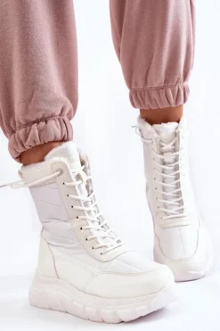 Hot Damskie Sznurowane Botki Śniegowce Na Platformie Biało-Beżowe Anubi Damskie Śniegowce Damskie|Botki Płaskie