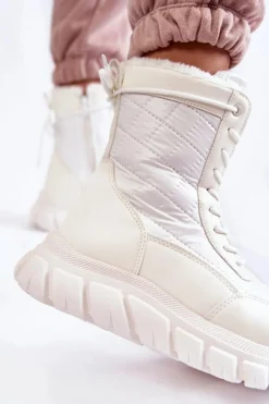 Hot Damskie Sznurowane Botki Śniegowce Na Platformie Biało-Beżowe Anubi Damskie Śniegowce Damskie|Botki Płaskie