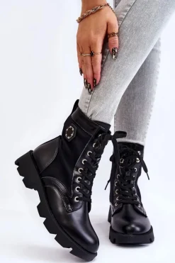 Clearance Boto Damskie Sznurowane Botki Trapery Z Ociepleniem Czarne Nomi