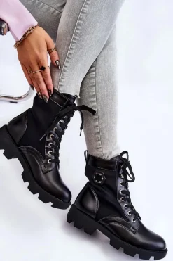 Clearance Boto Damskie Sznurowane Botki Trapery Z Ociepleniem Czarne Nomi