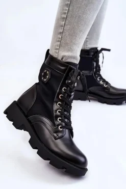 Clearance Boto Damskie Sznurowane Botki Trapery Z Ociepleniem Czarne Nomi