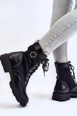 Clearance Boto Damskie Sznurowane Botki Trapery Z Ociepleniem Czarne Nomi