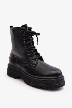 New Boto Damskie Sznurowane Botki Workery Na Grubej Podeszwie Czarne Biancis