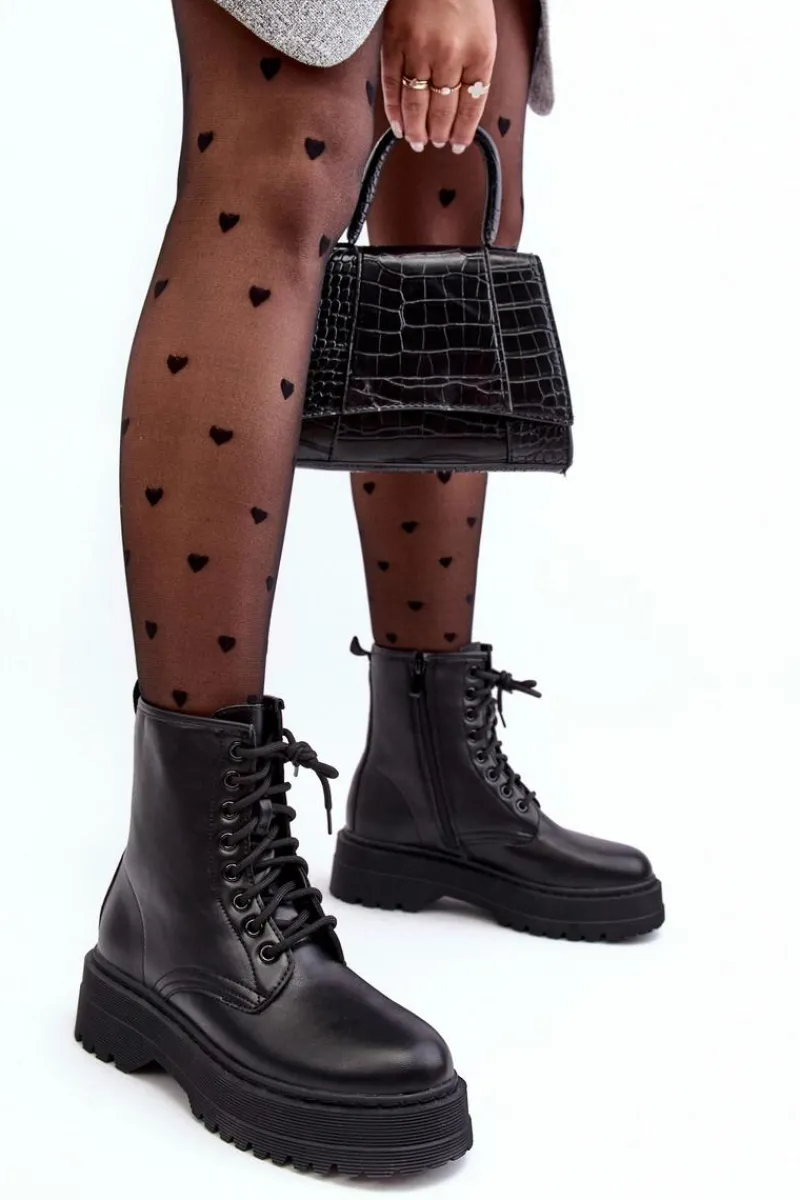 New Boto Damskie Sznurowane Botki Workery Na Grubej Podeszwie Czarne Biancis