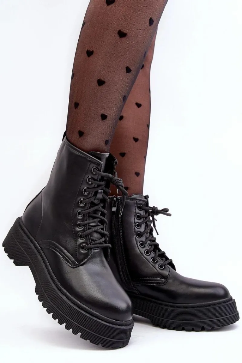 New Boto Damskie Sznurowane Botki Workery Na Grubej Podeszwie Czarne Biancis