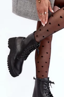 New Boto Damskie Sznurowane Botki Workery Na Grubej Podeszwie Czarne Biancis