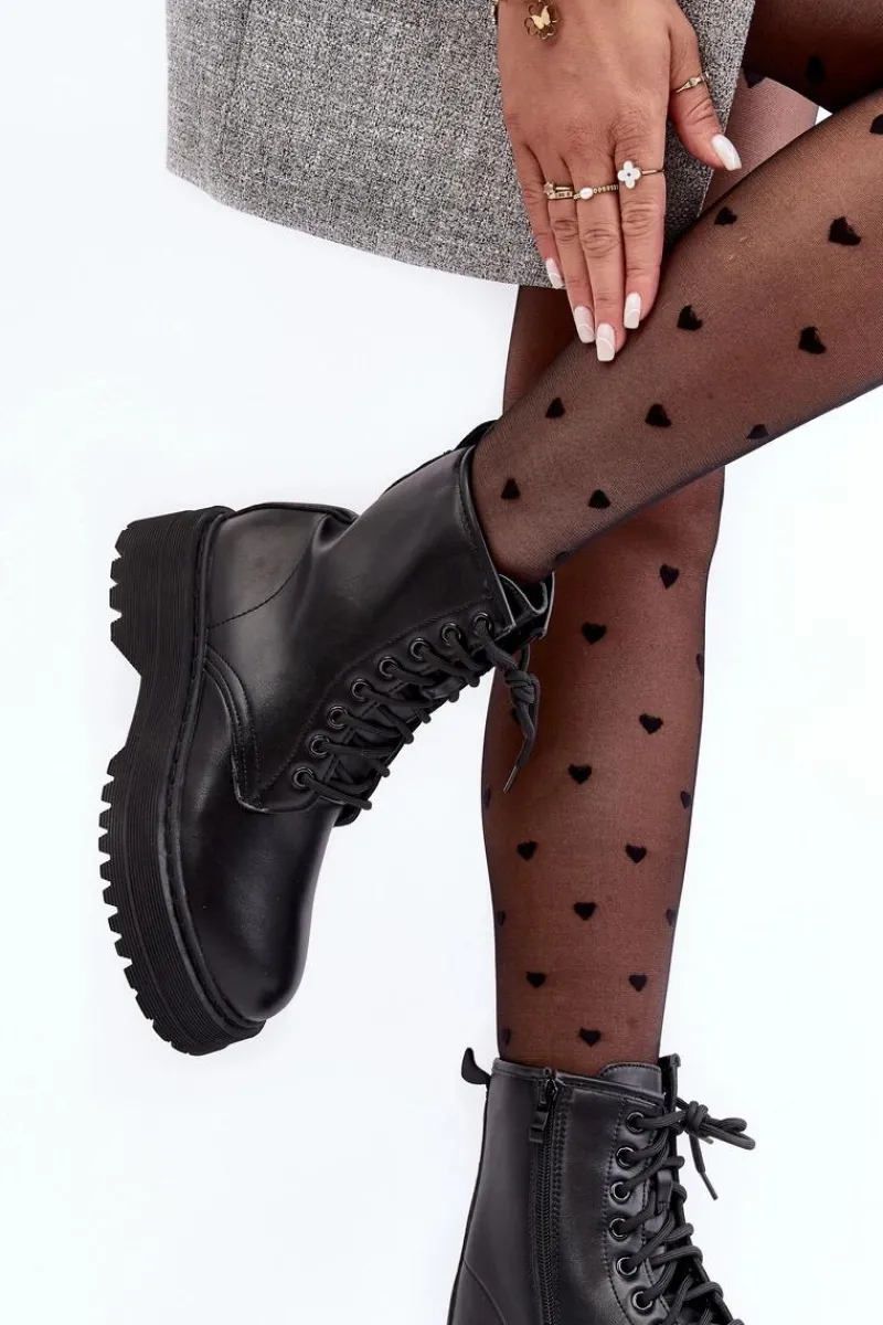 New Boto Damskie Sznurowane Botki Workery Na Grubej Podeszwie Czarne Biancis