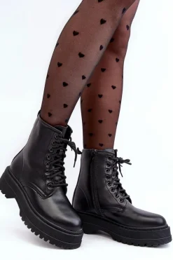 New Boto Damskie Sznurowane Botki Workery Na Grubej Podeszwie Czarne Biancis