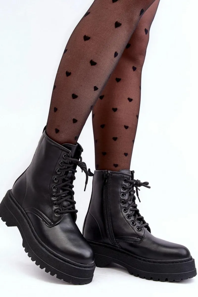 New Boto Damskie Sznurowane Botki Workery Na Grubej Podeszwie Czarne Biancis