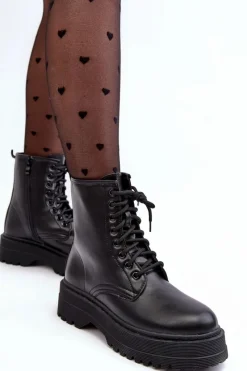 New Boto Damskie Sznurowane Botki Workery Na Grubej Podeszwie Czarne Biancis
