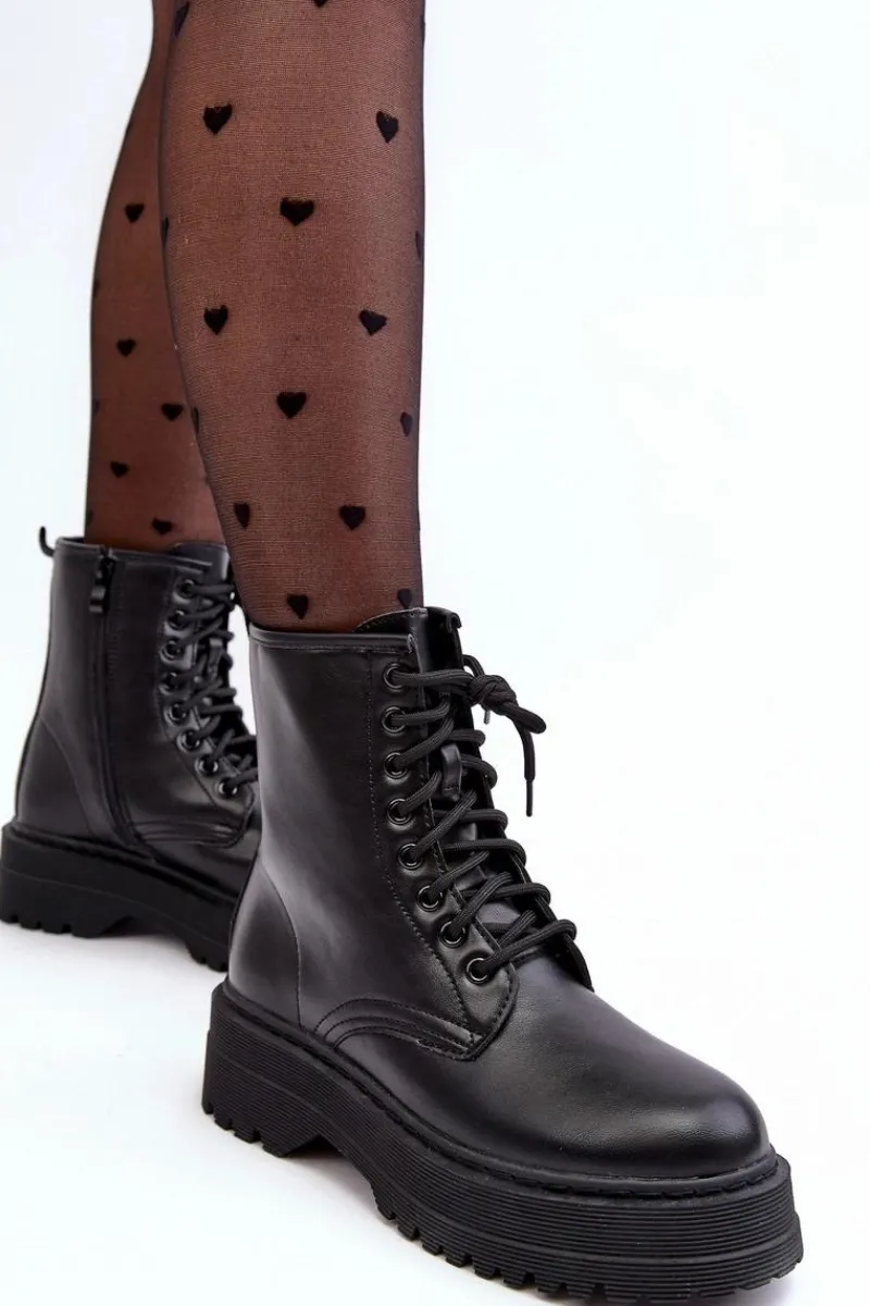 New Boto Damskie Sznurowane Botki Workery Na Grubej Podeszwie Czarne Biancis