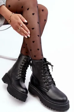 New Boto Damskie Sznurowane Botki Workery Na Grubej Podeszwie Czarne Biancis