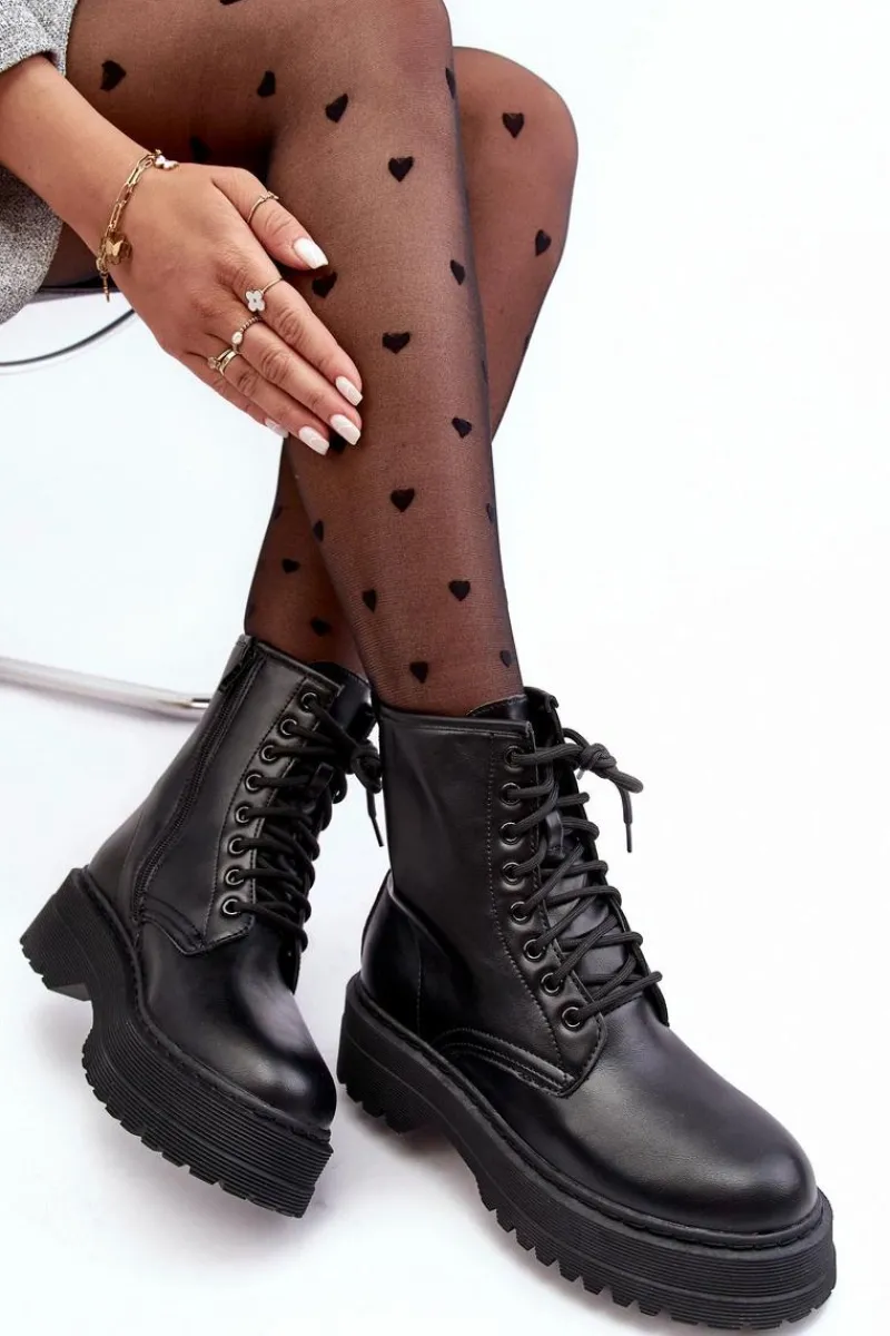 New Boto Damskie Sznurowane Botki Workery Na Grubej Podeszwie Czarne Biancis