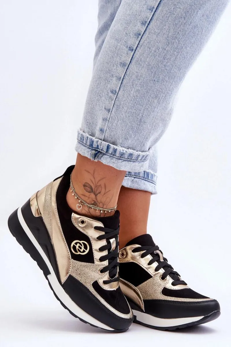 Sneakersy Damskie>Evento Damskie Sznurowane Buty Sportowe Na Koturnie Czarno-Złote Genova