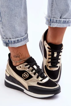 Sneakersy Damskie>Evento Damskie Sznurowane Buty Sportowe Na Koturnie Czarno-Złote Genova