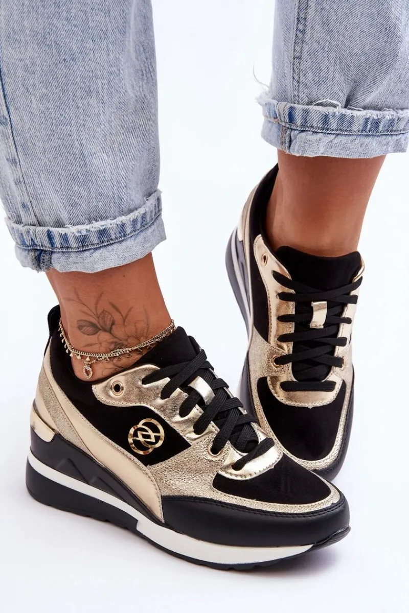 Sneakersy Damskie>Evento Damskie Sznurowane Buty Sportowe Na Koturnie Czarno-Złote Genova