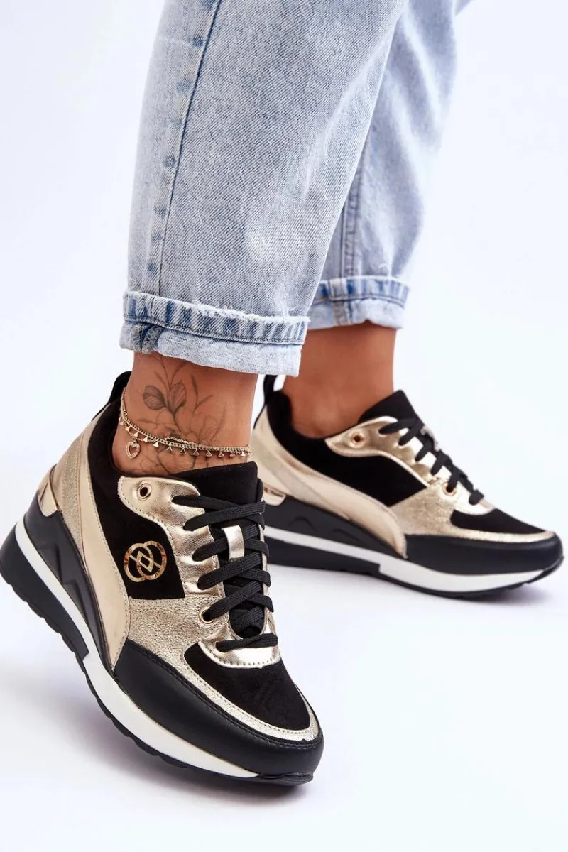 Sneakersy Damskie>Evento Damskie Sznurowane Buty Sportowe Na Koturnie Czarno-Złote Genova