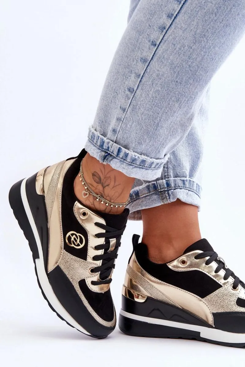 Sneakersy Damskie>Evento Damskie Sznurowane Buty Sportowe Na Koturnie Czarno-Złote Genova