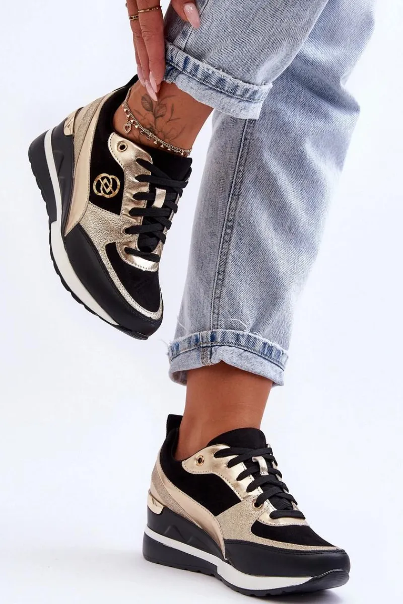 Sneakersy Damskie>Evento Damskie Sznurowane Buty Sportowe Na Koturnie Czarno-Złote Genova