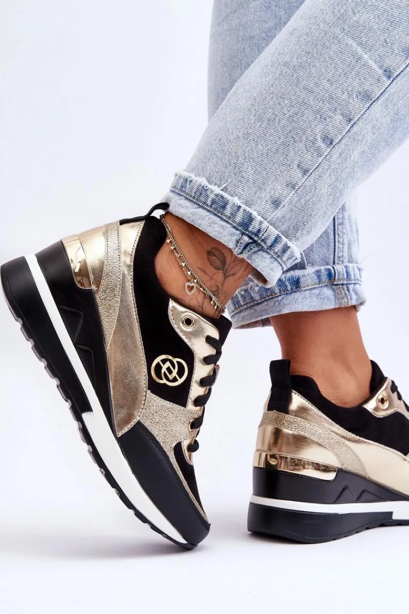 Sneakersy Damskie>Evento Damskie Sznurowane Buty Sportowe Na Koturnie Czarno-Złote Genova