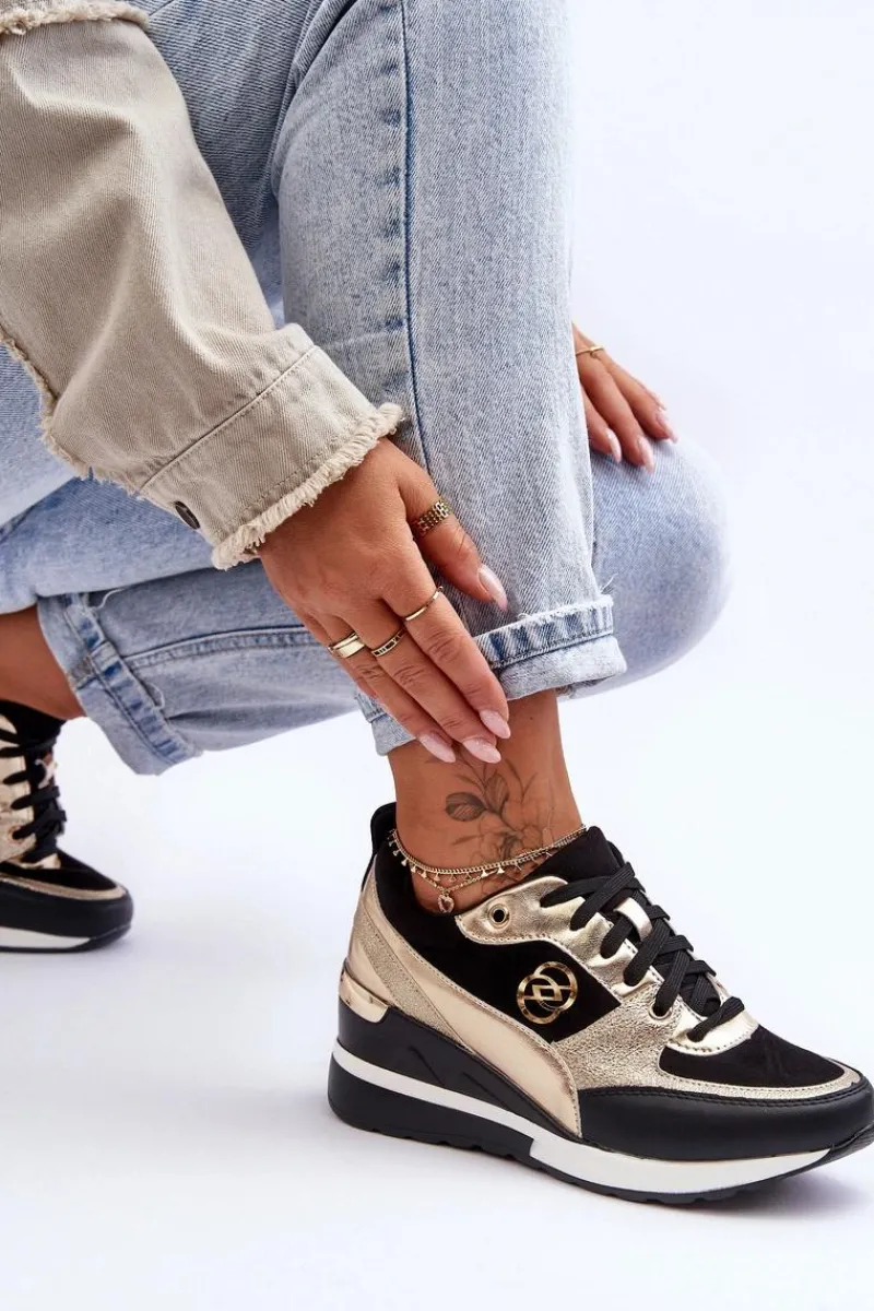 Sneakersy Damskie>Evento Damskie Sznurowane Buty Sportowe Na Koturnie Czarno-Złote Genova