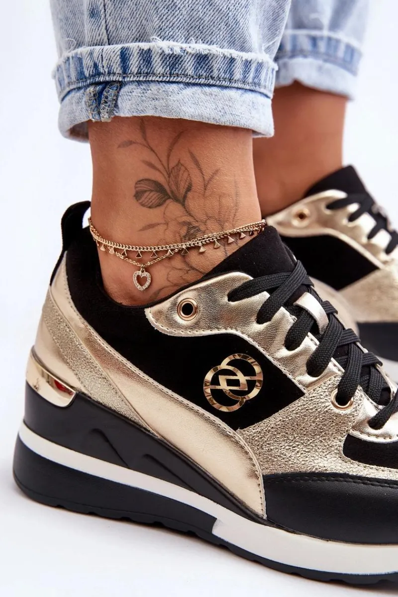 Sneakersy Damskie>Evento Damskie Sznurowane Buty Sportowe Na Koturnie Czarno-Złote Genova