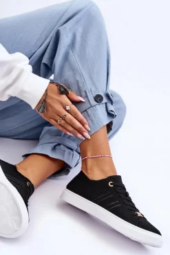 Outlet Boto Damskie Sznurowane Trampki Czarne Etna Czarny