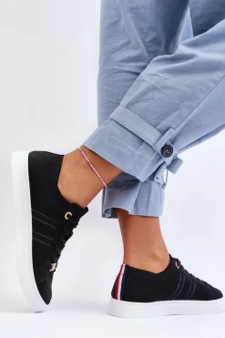 Outlet Boto Damskie Sznurowane Trampki Czarne Etna Czarny