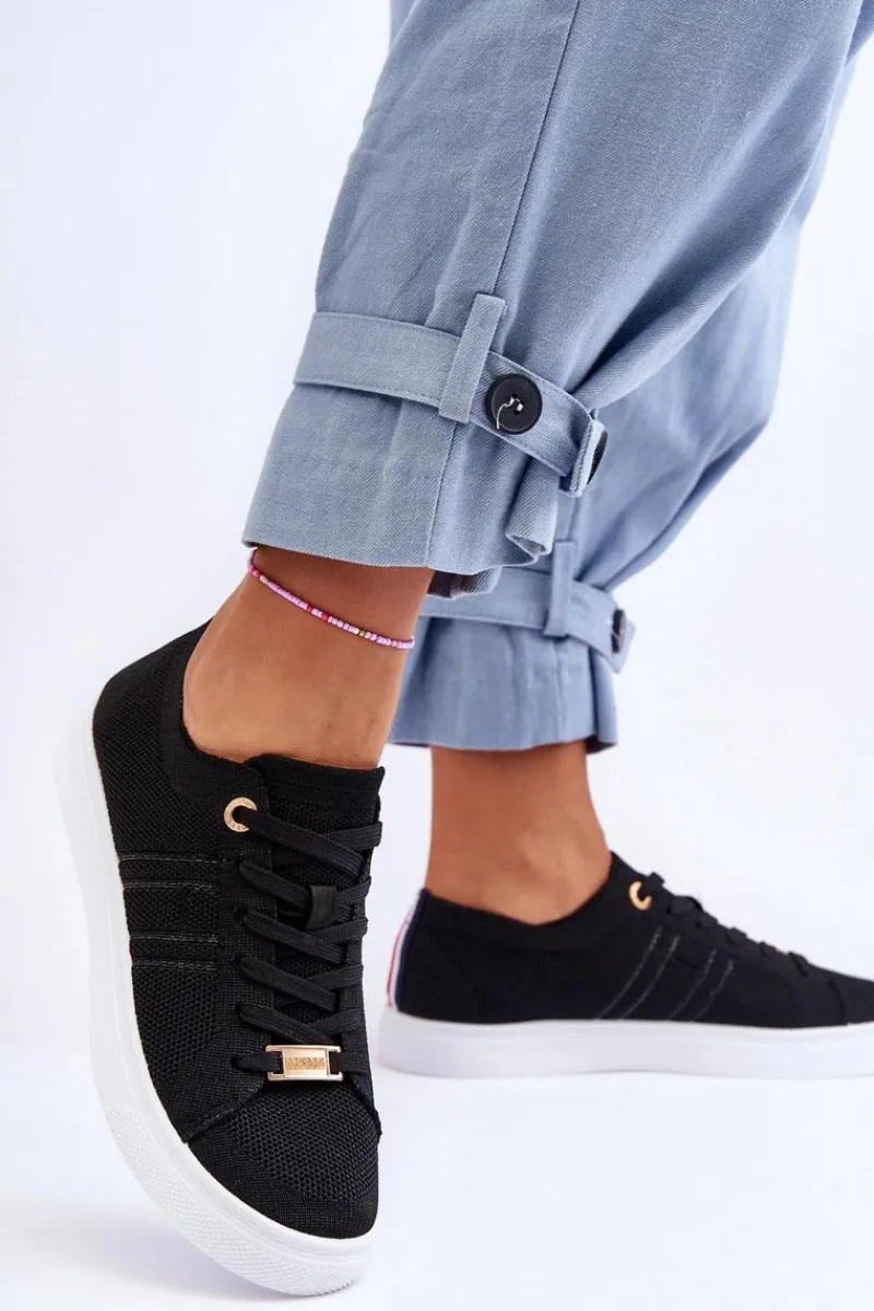 Outlet Boto Damskie Sznurowane Trampki Czarne Etna Czarny