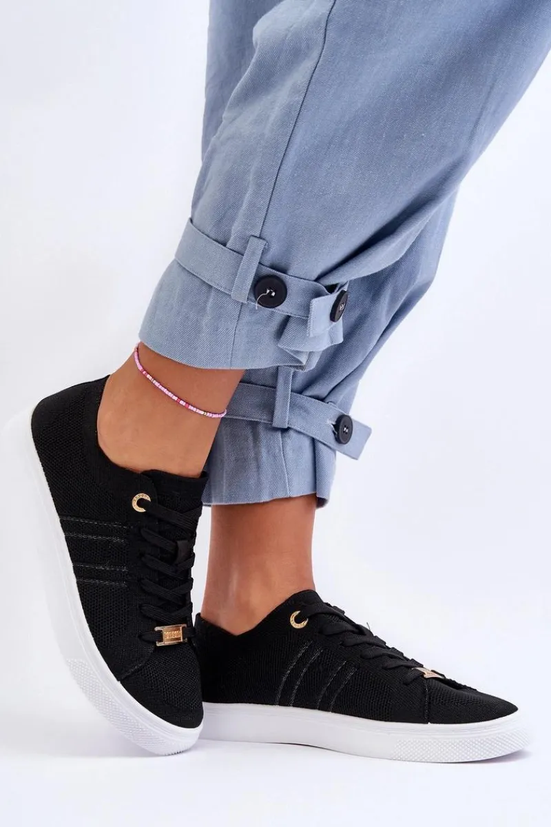 Outlet Boto Damskie Sznurowane Trampki Czarne Etna Czarny