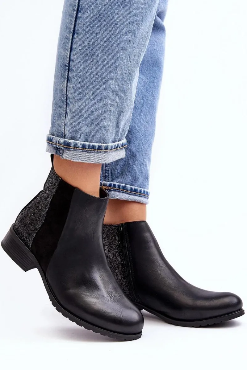 Damskie Sztyblety Botki Na Płaskim Obcasie Z Cekinami Czarne Messio Damskie Botki Wiosenne|Botki Ocieplane