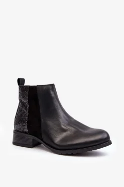 Damskie Sztyblety Botki Na Płaskim Obcasie Z Cekinami Czarne Messio Damskie Botki Wiosenne|Botki Ocieplane