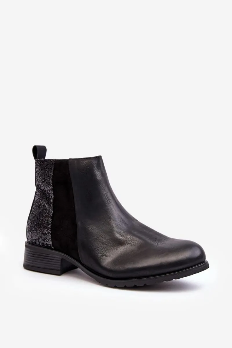 Damskie Sztyblety Botki Na Płaskim Obcasie Z Cekinami Czarne Messio Damskie Botki Wiosenne|Botki Ocieplane