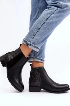 Damskie Sztyblety Botki Na Płaskim Obcasie Z Cekinami Czarne Messio Damskie Botki Wiosenne|Botki Ocieplane
