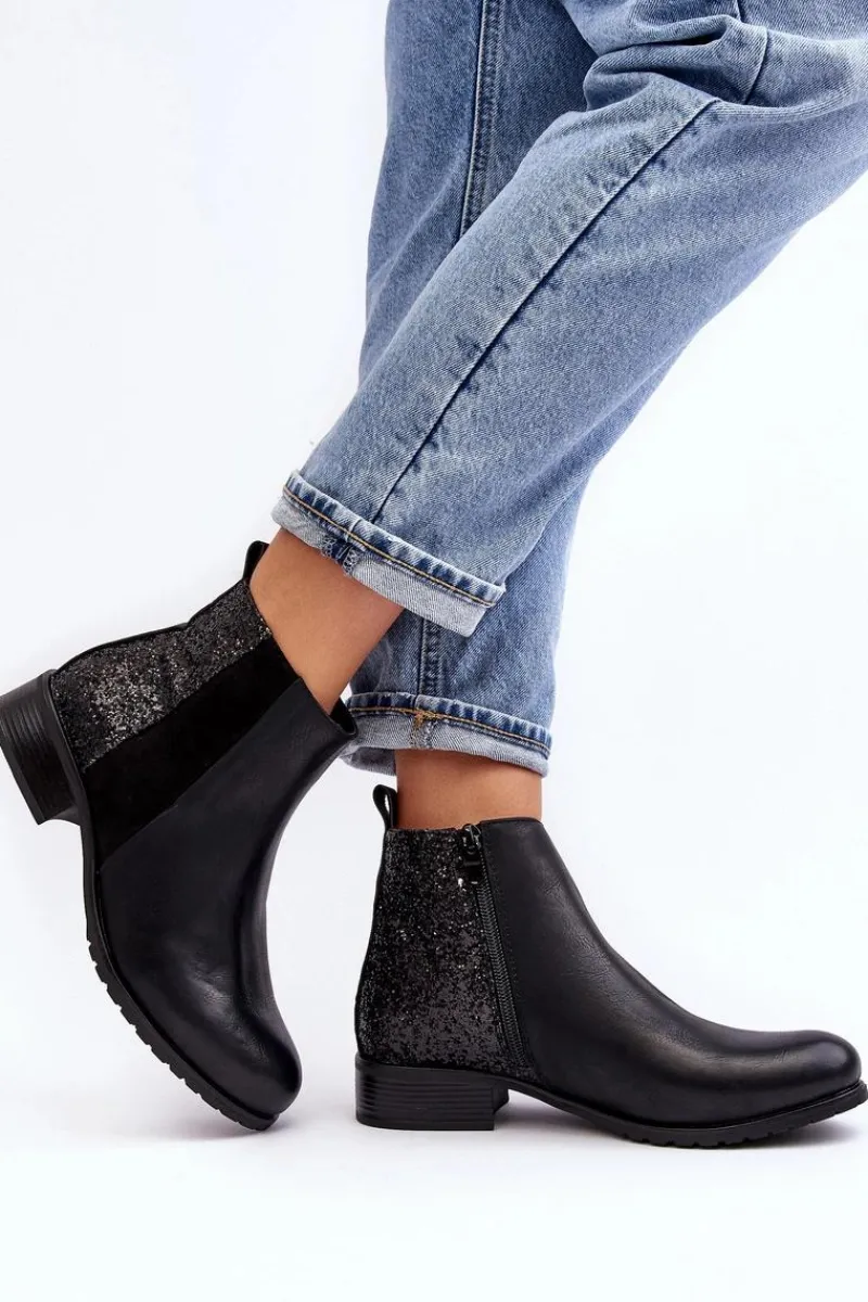 Damskie Sztyblety Botki Na Płaskim Obcasie Z Cekinami Czarne Messio Damskie Botki Wiosenne|Botki Ocieplane
